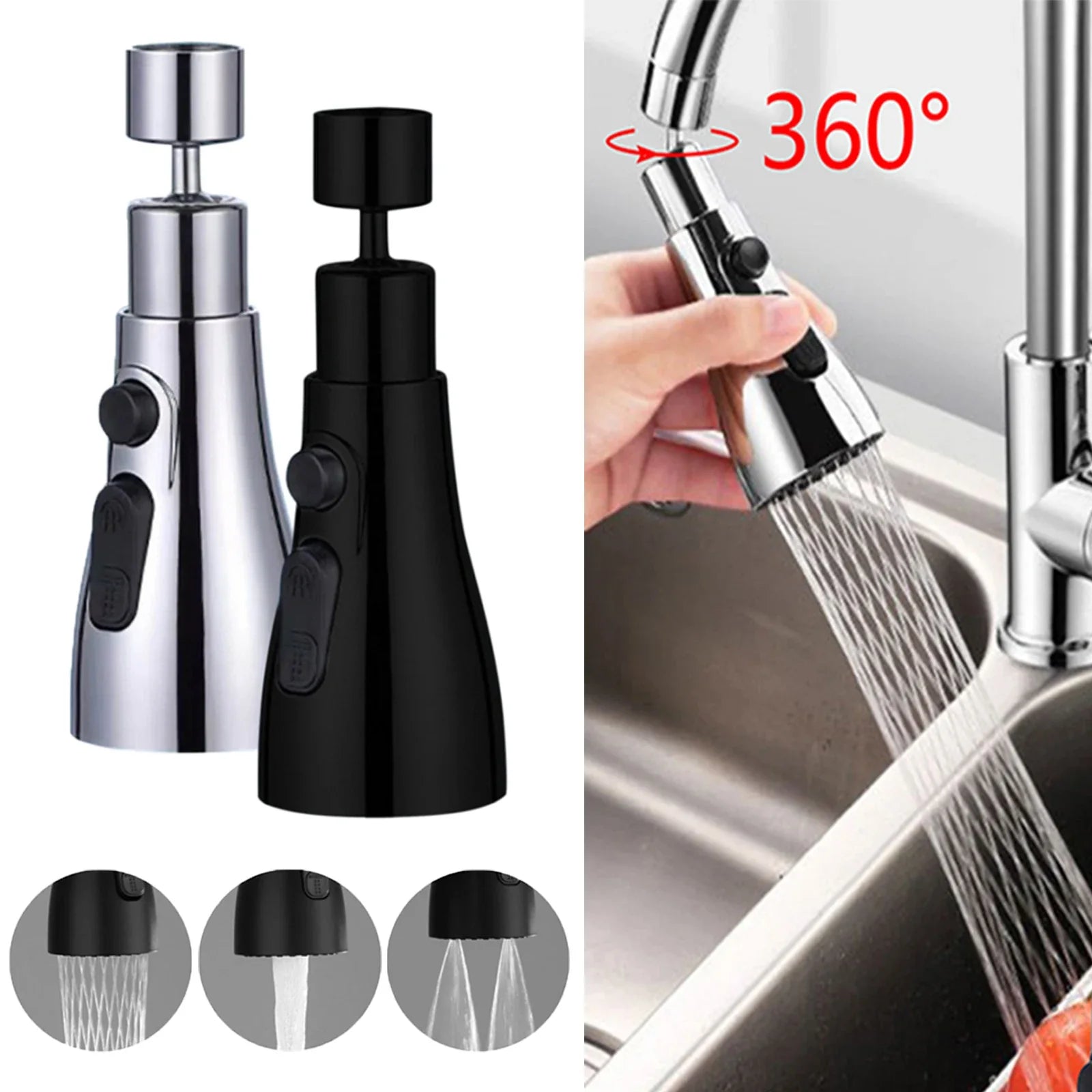 360° Rotating Faucet Extender – 3-Mode Kitchen Tap Adapter