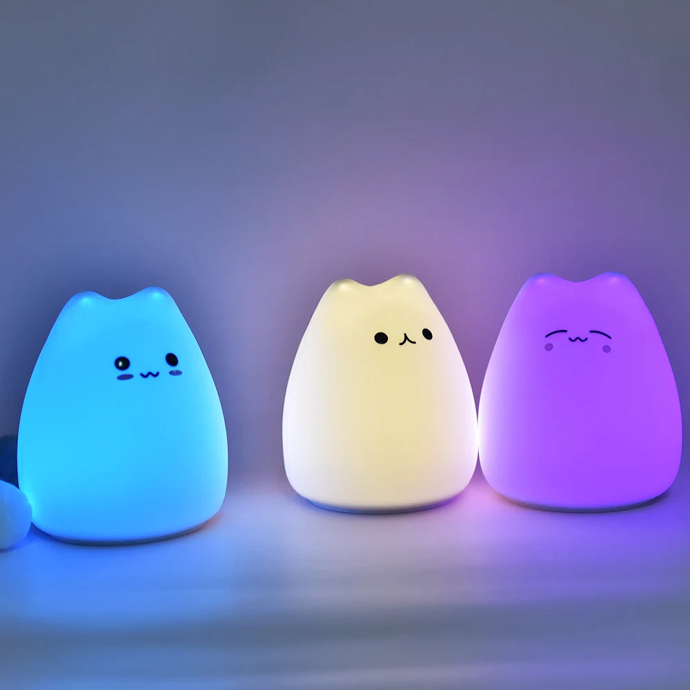 Cute Cat Night Light – 7-Color Silicone Touch Lamp for Kids & Bedroom