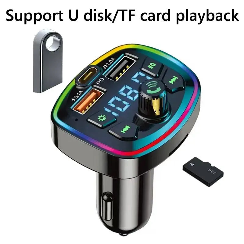 Car Charger FM Transmitter Bluetooth5.0 Hands Free True 3.1A Dual USB Port PD FastCharging MP3 Music TF Card U disk AUX Player