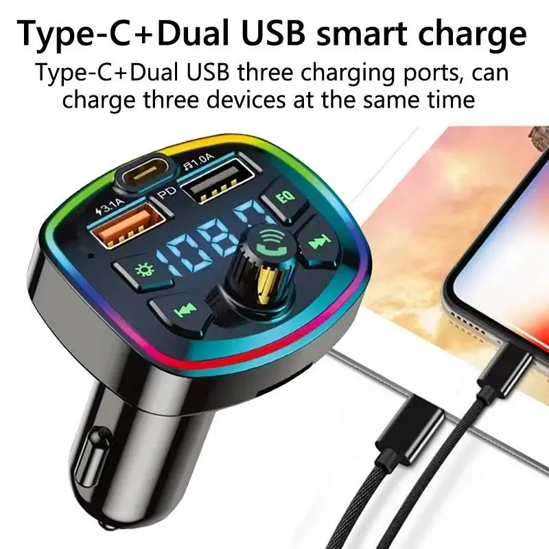 Car Charger FM Transmitter Bluetooth5.0 Hands Free True 3.1A Dual USB Port PD FastCharging MP3 Music TF Card U disk AUX Player