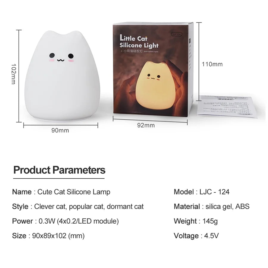 Cute Cat Night Light – 7-Color Silicone Touch Lamp for Kids & Bedroom
